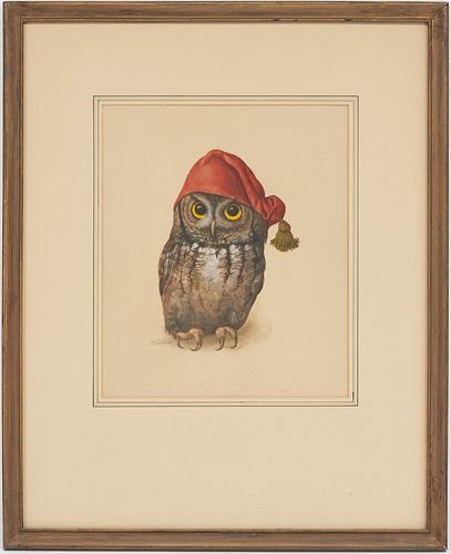Werner Wildner Watercolor Painting, Owl in Red Cap, Illustration history
