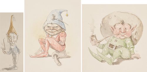 3 Werner Wildner Watercolor Paintings of Gnomes w/ Pipes