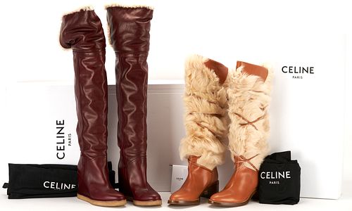 2 Pairs Celine Tall Boots, Folco Fur Boots & Manon Wedge Over the Knee