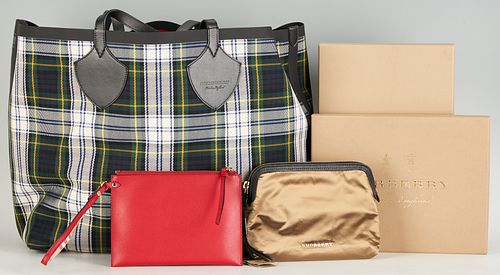 3 Burberry Bags, XL Tote, Haymarket Wristlet, Cosmetics Bag