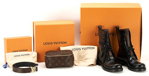 3 Louis Vuitton Items, incl. Metropolis Flat Ranger Boots, Packing Cube PM, Logo Belt