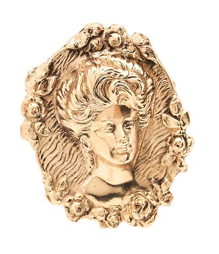 14K Gold Art Nouveau Female Bust Brooch