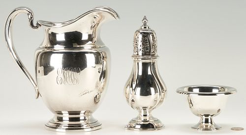 3 pcs Sterling Silver Hollowware: Pitcher, Caster and Compote
