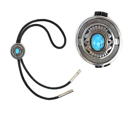 Leonard Nez - Navajo - Turquoise, Sterling Silver, and Leather Bolo Tie c. 2000s, 2" x 2" bolo (J15707)