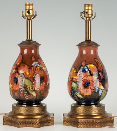 Pair Moorcroft Flambe Orchid Vase Fitted as Table Lamps
