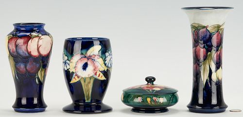 4 Pcs Moorcroft Art Pottery, Incl. Wisteria, Orchid, & African Lily, 3 William Moorcroft Signed