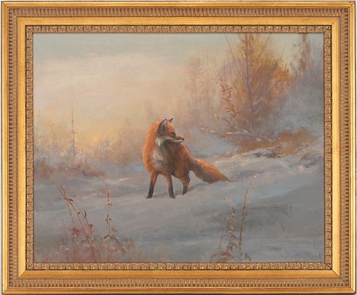 Tom Sander O/B Painting, Fox in Winter Landscape