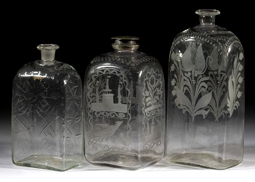 GERMAN / BOHEMIAN HALF-POST BLOWN AND ENGRAVED DECANTERS, LOT OF THREE