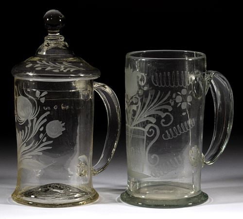 GERMAN / BOHEMIAN FREE-BLOWN AND ENGRAVED GLASS MUGS, LOT OF TWO