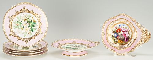 7 pcs. Pink Ground Porcelain, incl. Coalport Dessert Set & Paris Porcelain