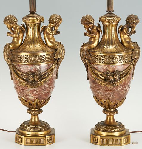 Pair of Neoclassical Marble & Gilt Bronze Cherub Lamps