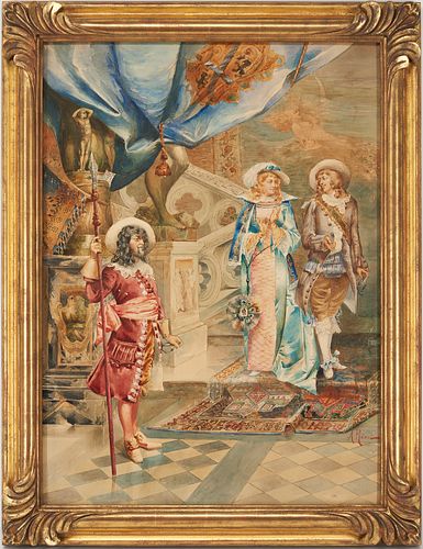 Large Arturo Ricci Watercolor Genre Painting, Aristocratic Couple
