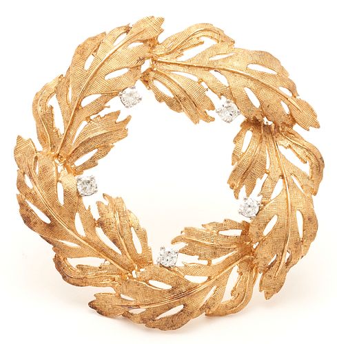 14K Gold & Diamond Wreath Brooch