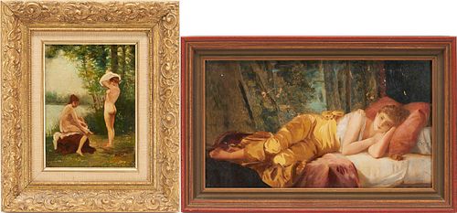 2 Small Oil Paintings, Nude Bathers & Recumbent Lady