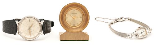 Bulova Accutron Bronze Desk Clock, M7 Wristwatch & Ladies Croton Wristwatch