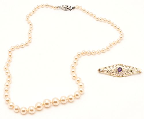 14K Graduated Pearl Necklace & Victorian Gemstone Pin
