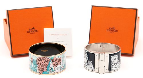 2 Limited Edition Hermes Extra Wide Printed Enamel Bracelets, Wild Cats