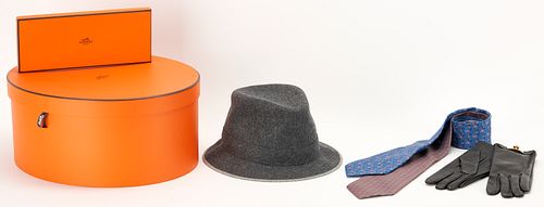 Hermes Grey Flannel Hat, 2 Silk Print Neckties & Leather Gloves, 4 items
