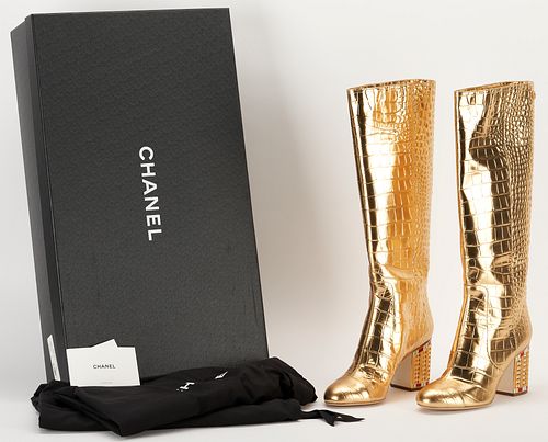 Chanel Gold Crocodile Embossed Calfskin Boots W/ Jeweled Block Heels