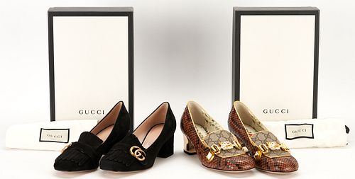 2 Prs of Gucci Loafer Style GG Pumps, incl. Suede Marmont & Supreme Python Tiger Head