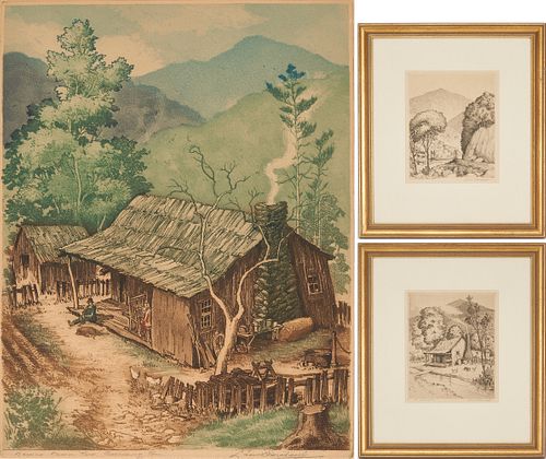 3 Leon Pescheret etchings: Mt. LeConte, Gatlinburg, Turkey Nest Way