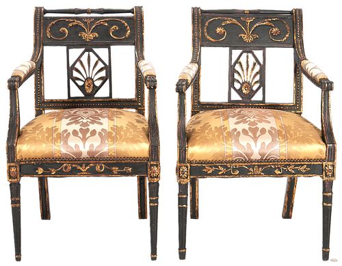 2 English Regency Parcel Gilt Painted Decorated Armchairs