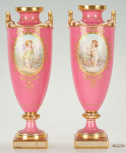 Pair English Minton Porcelain Vases w/ Pink Grounds