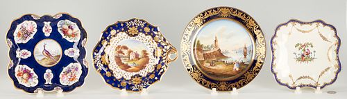 4 English Cobalt Dishes, incl. Worcester 1st Period Birds