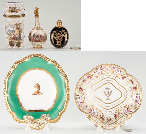 5 Continental Porcelain Items Incl Armorial Dishes, Needle Case, and 2 Perfume Bottles
