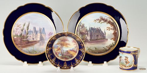 4 French Porcelain Items inc. Sevres Cup and Saucer, 2 Scenic Plates
