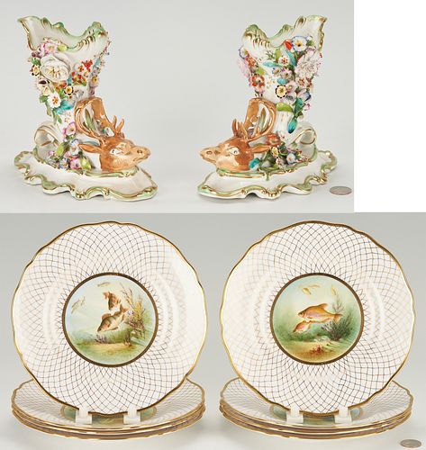 10 Pcs of English Porcelain Incl. Spode Bone China Fish Plates & 2 Floral Encrusted Stag Cups