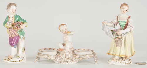 3 European Porcelain Figures, Meissen & Herend Chinese Bouquet