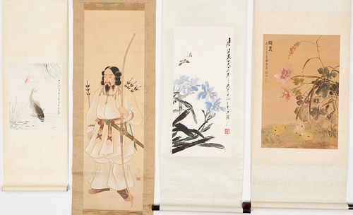 4 Asian Watercolor Silk Scroll Paintings