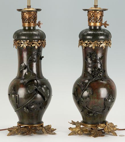 Pair of Japanese Patinated Bronze Vases, Mounted as Lamps