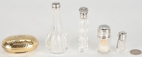 English Gilt Silver Soap Box plus 4 Silver & Cut Crystal Scent Bottles