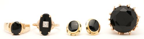 3 14K Gold & Black Onyx Rings plus Pr. Earrings, 4 items