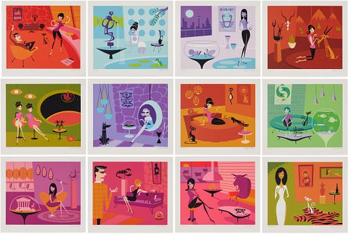 Josh (SHAG) Agle (b. 1962), "Shag's Zodiac," 2003, 12 Screenprints in colors in a black folio box, Each image: 12.125" H x 14.125" W; Each sheet: 14.5