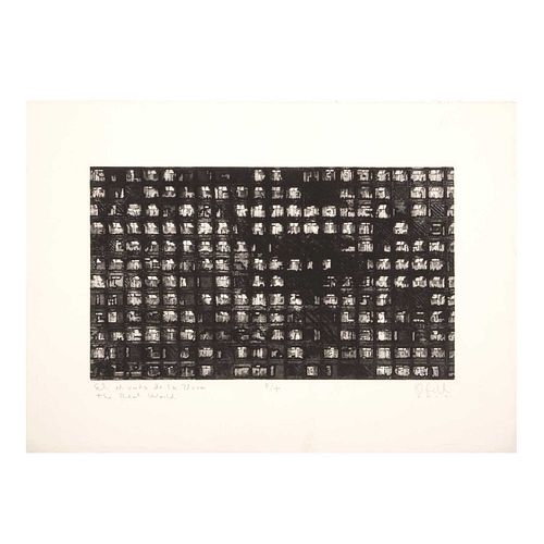 OFILL ECHEVARRIA, El mundo de los vivos, Firmado y fechado 2002,Grabado al azúcar P / T, 26 x 44 cm medidas totales