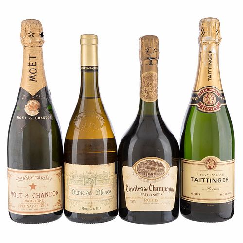 Lote de Champagne y Vinos Blancos de Francia. Moët & Chandon. Taittinger. En presentaciones de 750 ml. Total de piezas: 4.
