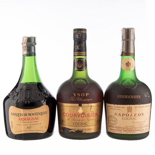 Lote de Cognac y Armagnac. Courvoisier. Marquis de Montesquiou. En presentaciones de 700 ml. y 720 ml. Total de piezas: 3.