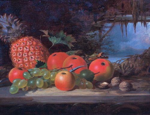 STILL LIFE OF PINEAPPLE, APPLES, GRAPES, FIG & NUTS OIL PAINTING