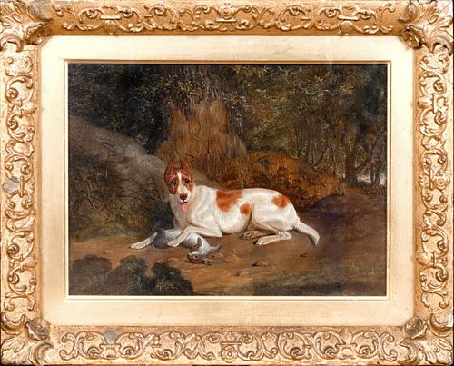  PORTRAIT OF A HOUND & HARE OIL PAINTING