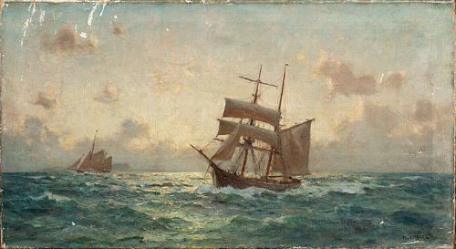 SHIP SAILING OFF THE COAST OIL PAINTING