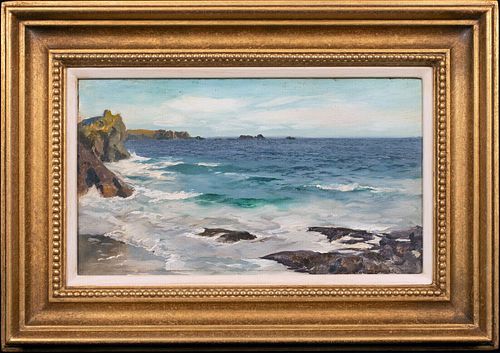  VIEW OF WAVE CRASH ON THE ROCKS AT CORNWALL OIL PAINTING