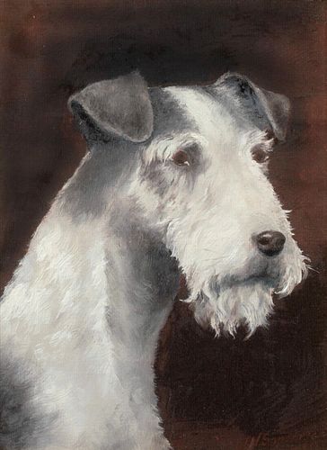 PORTRAIT OF A GREY AND WHITE TERRIER OIL PAINTING
