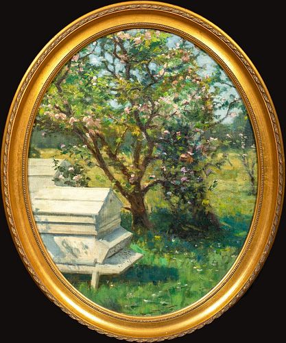 THE BEE HIVE IN SPRING OIL PAINTING