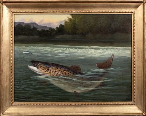 TROUT FISHING SCENE OIL PAINTING