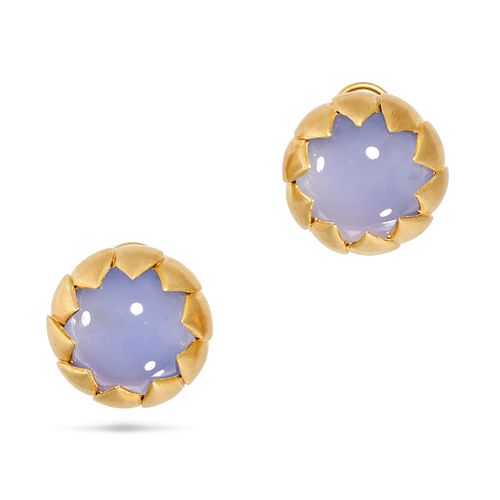 REBECCA KOVEN, A PAIR OF BLUE CHALCEDONY EARRINGS in 18ct yellow gold, each set with a large roun...
