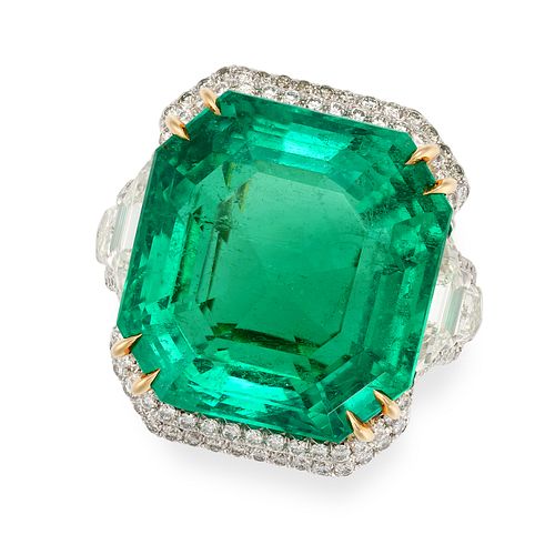 AN IMPORTANT 31.49 CARAT COLOMBIAN EMERALD AND DIAMOND RING in platinum and 18ct yellow gold, set...