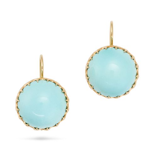A PAIR OF TURQUOISE EARRINGS in 18ct yellow gold, each set with a round cabochon turquoise of 18....